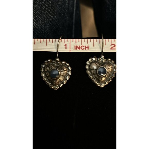Southwestern 925 Silver Handmade Earrings Textured Heart & Rims Dangles Marked - Picture 6 of 6